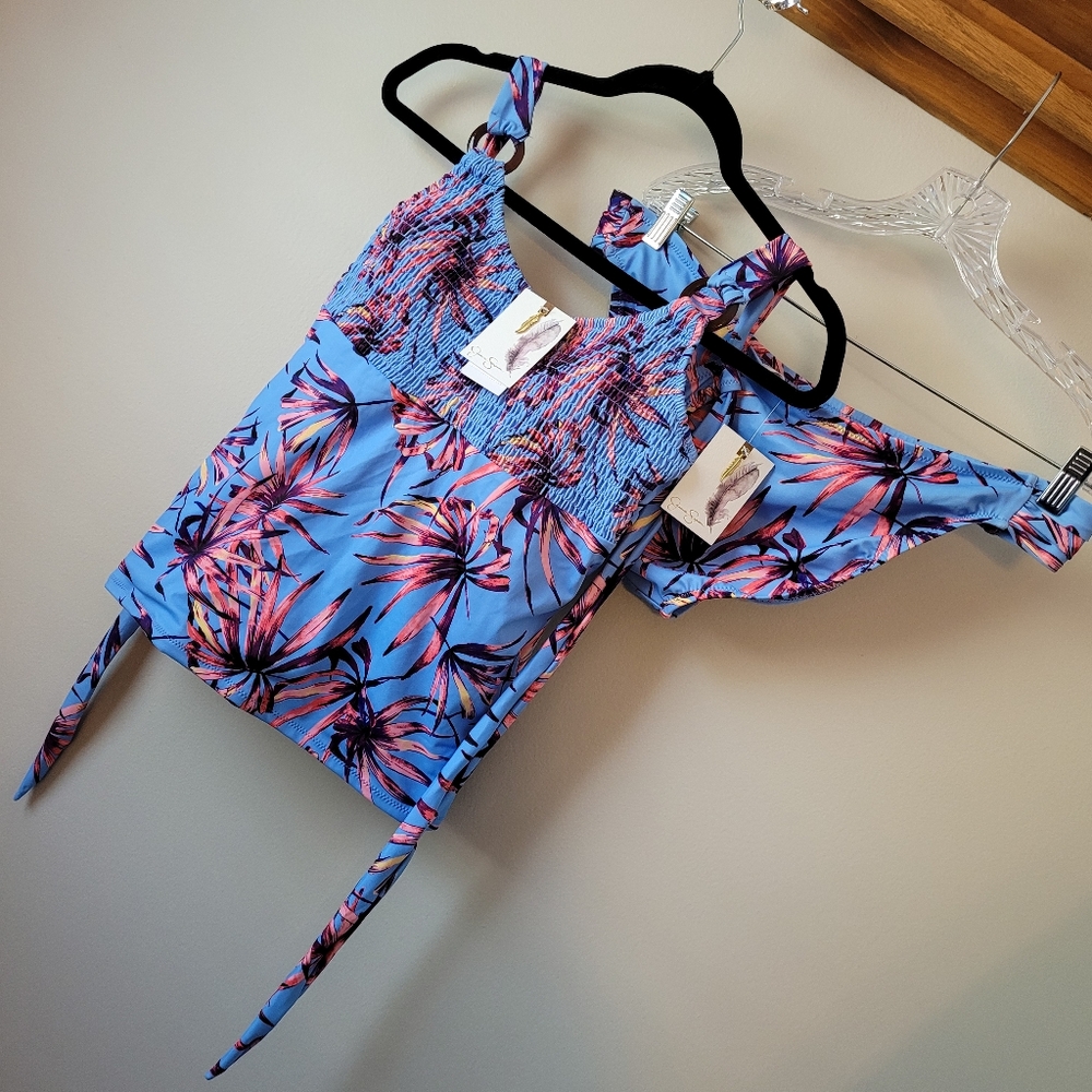 JESSICA SIMPSON  Smocked Tankini Swim Top & Matching Bikini Bottom Botanical XL - Picture 15 of 16